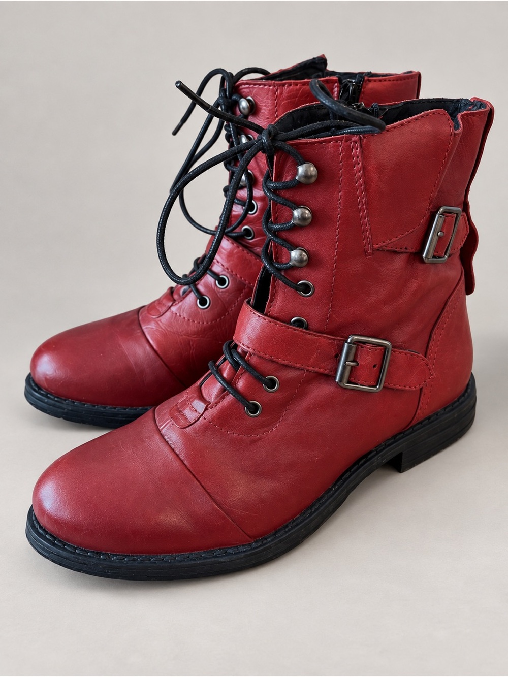 Creator Burgundy Leather Lace Up Combat Ankle Boots Buckle Women’s 37 US 6.5